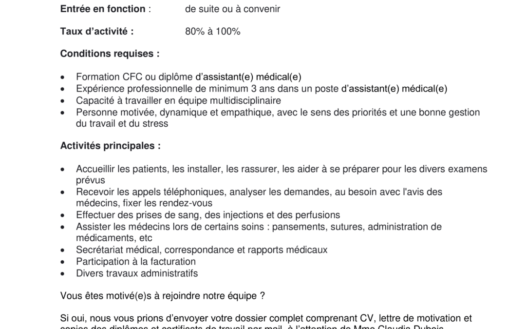 Medi-Centre est à la recherche d’un(e) Assistant(e) médical(e) diplômé(e)