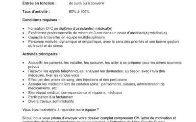 Medi-Centre est à la recherche d’un(e) Assistant(e) médical(e) diplômé(e)